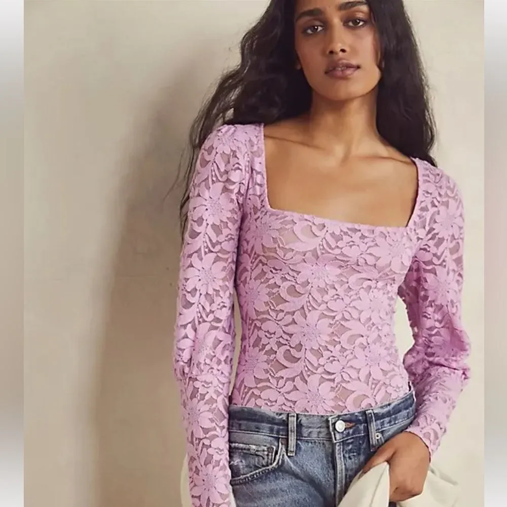 Intimately Free People Long Distance Floral Lace Shirt Women’s Large Pink Angel